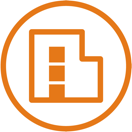 icone minimaliste orange avec un immeuble dans un cercle