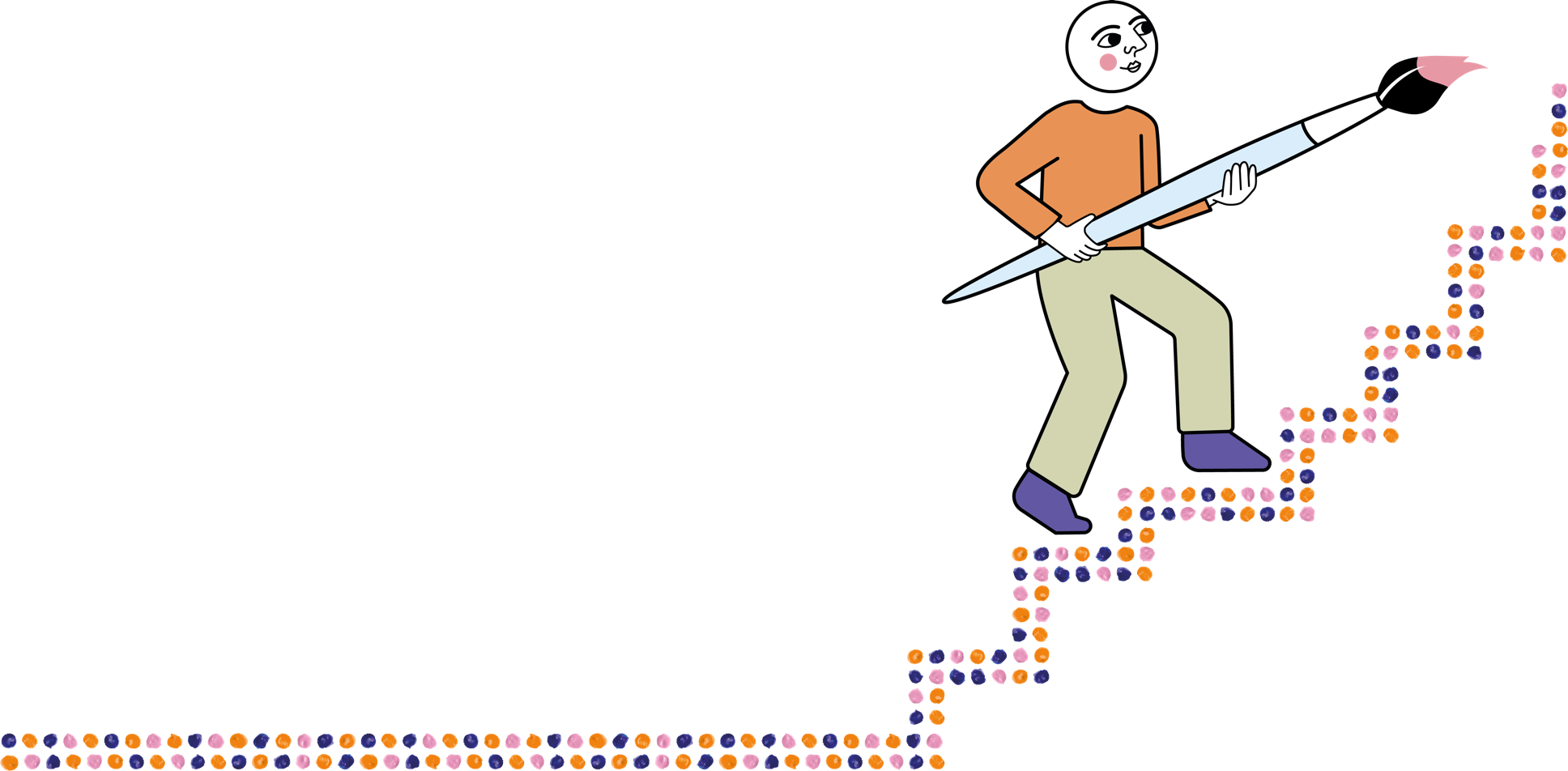 Personnage stylisé montant un escalier formé de taches de peinture colorées tracées par un large pinceau orienté vers le haut qu'il tient dans ses bras.