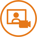 icone minimaliste orange avec un buste dans un ecran et une caméra, dans un cercle