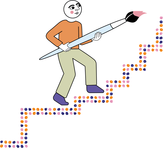 Personnage stylisé montant un escalier formé de taches de peinture colorées tracées par un large pinceau orienté vers le haut qu'il tient dans ses bras.