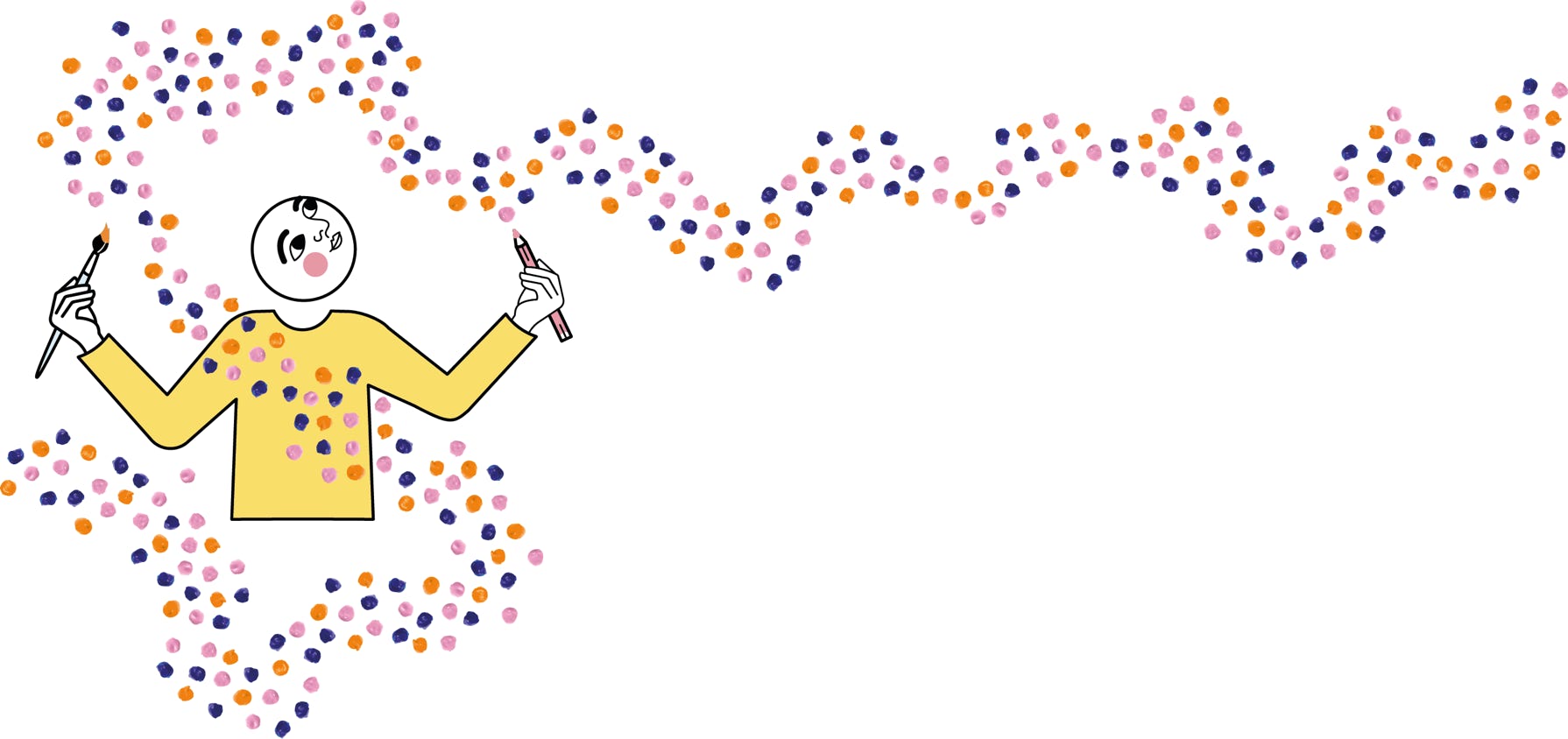 Personnage stylisé levant un pinceau et un crayon, entouré d’un nuage de points multicolores formant une vague fluide.