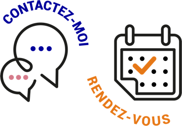 Icônes "Contactez-moi" avec deux bulles de dialogue et "Rendez-vous" avec un calendrier, dans un style graphique coloré.