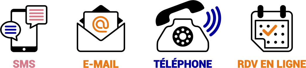 logos communication et prise de contact : téléphone, E-mail, prise de rendez-vous en ligne