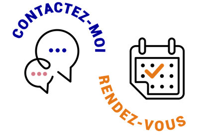 Icônes "Contactez-moi" avec deux bulles de dialogue et "Rendez-vous" avec un calendrier, dans un style graphique coloré.